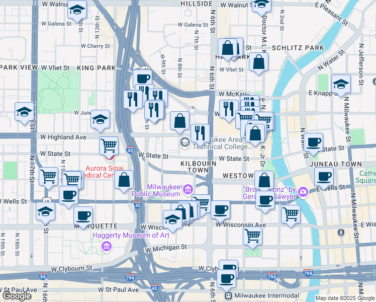 map of restaurants, bars, coffee shops, grocery stores, and more near 700 West State Street in Milwaukee