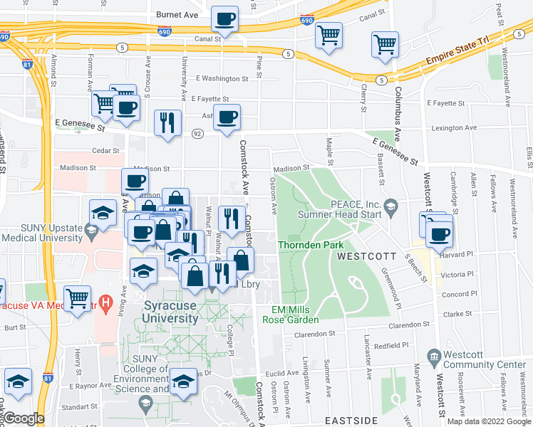 map of restaurants, bars, coffee shops, grocery stores, and more near 324 Ostrom Avenue in Syracuse