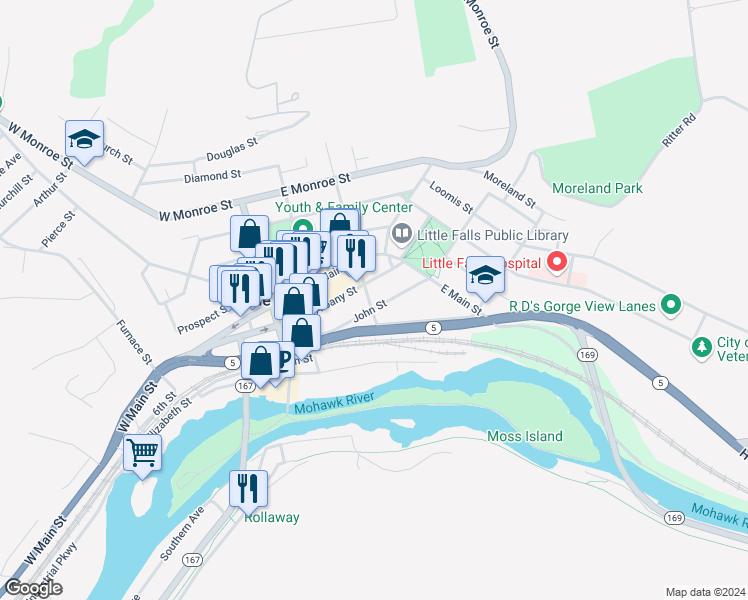 map of restaurants, bars, coffee shops, grocery stores, and more near 615 Albany Street in Little Falls