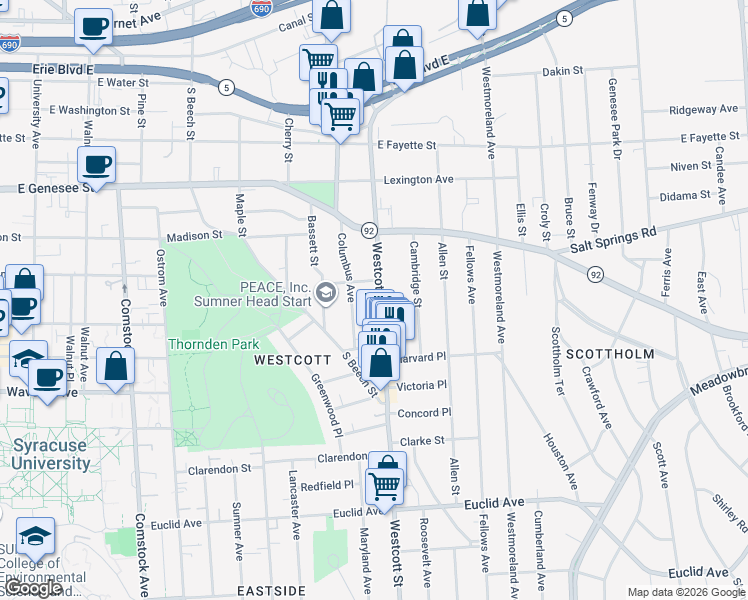 map of restaurants, bars, coffee shops, grocery stores, and more near 203 Hawthorne Street in Syracuse