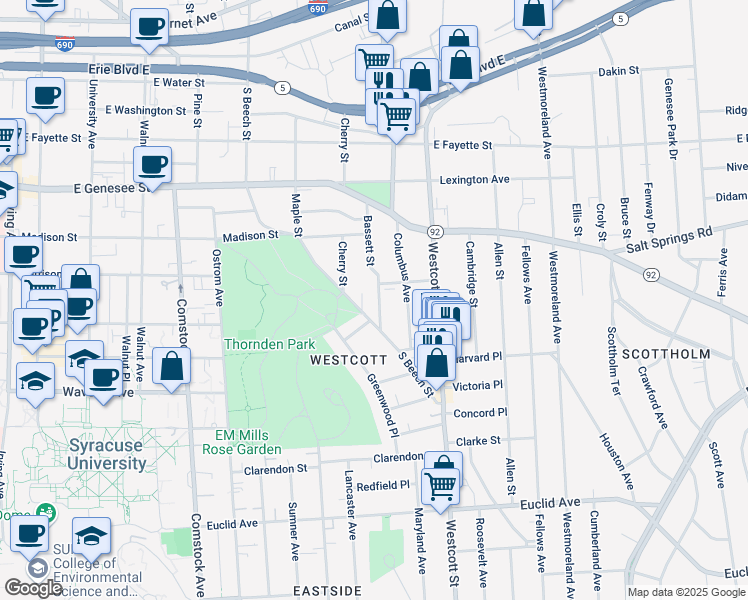 map of restaurants, bars, coffee shops, grocery stores, and more near 211 Bassett Street in Syracuse