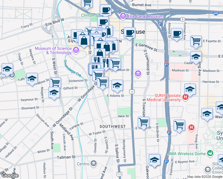 map of restaurants, bars, coffee shops, grocery stores, and more near 200 Harrison Street in Syracuse