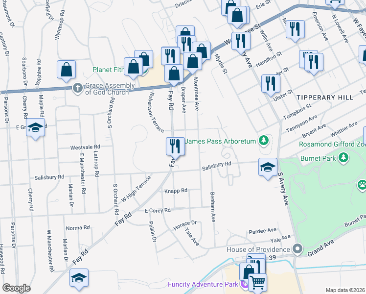 map of restaurants, bars, coffee shops, grocery stores, and more near 307 Fay Road in Syracuse