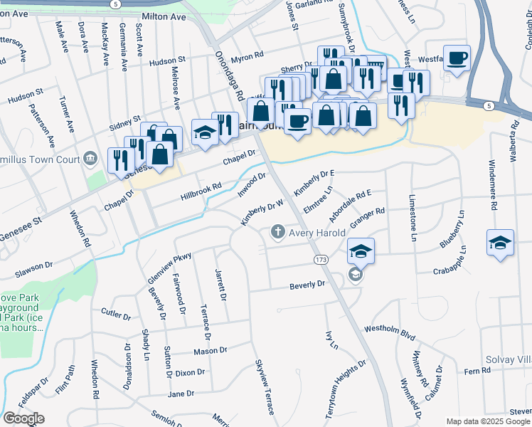 map of restaurants, bars, coffee shops, grocery stores, and more near 104 Kimberly Drive West in Syracuse