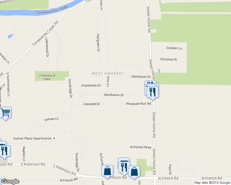map of restaurants, bars, coffee shops, grocery stores, and more near 202 Vine Lane in Buffalo