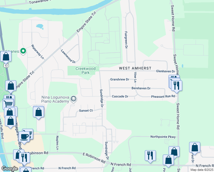 map of restaurants, bars, coffee shops, grocery stores, and more near 60 Grandview Drive in Buffalo