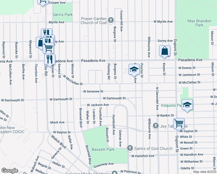 map of restaurants, bars, coffee shops, grocery stores, and more near 1610 West McClellan Street in Flint