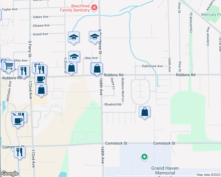 map of restaurants, bars, coffee shops, grocery stores, and more near 1523 Meadow Lane in Grand Haven