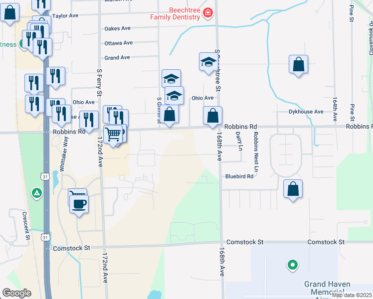 map of restaurants, bars, coffee shops, grocery stores, and more near 15123 168th Avenue in Grand Haven