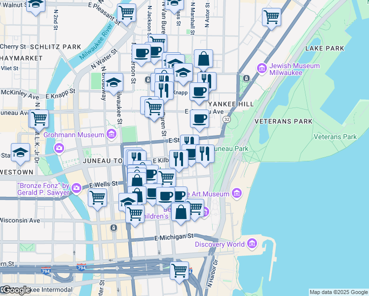 map of restaurants, bars, coffee shops, grocery stores, and more near 812 East State Street in Milwaukee