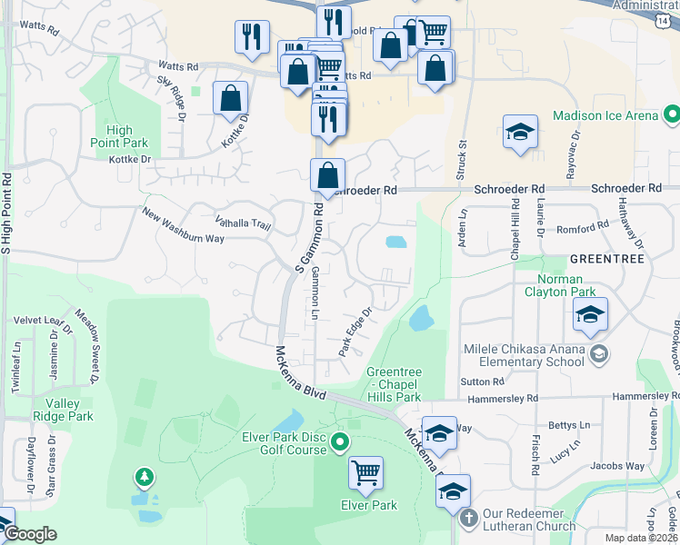 map of restaurants, bars, coffee shops, grocery stores, and more near 6834 Park Ridge Drive in Madison