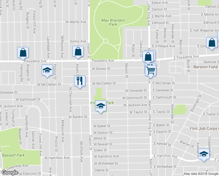 map of restaurants, bars, coffee shops, grocery stores, and more near 3008 Iroquois Avenue in Flint