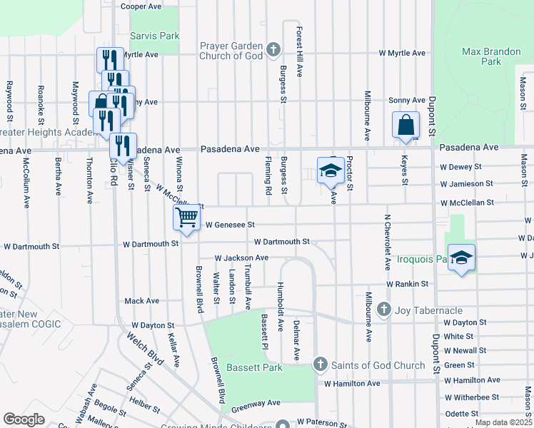 map of restaurants, bars, coffee shops, grocery stores, and more near 1610 West McClellan Street in Flint