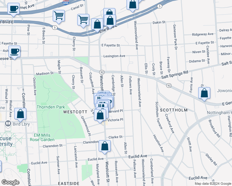 map of restaurants, bars, coffee shops, grocery stores, and more near 205 Cambridge Street in Syracuse