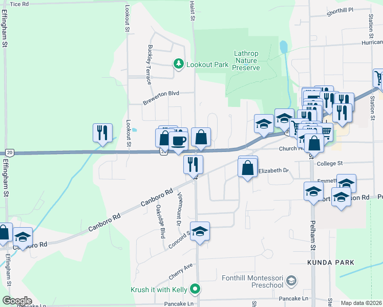 map of restaurants, bars, coffee shops, grocery stores, and more near 1410 Haist Street in Pelham