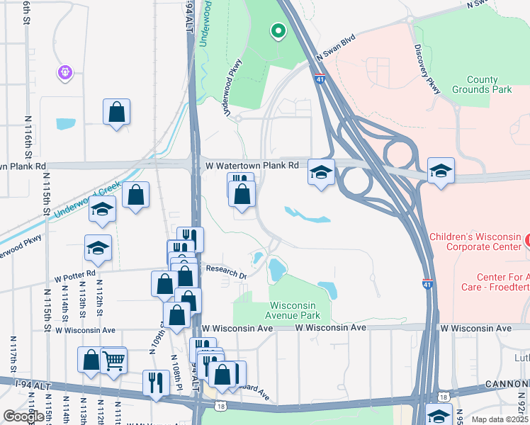map of restaurants, bars, coffee shops, grocery stores, and more near 10430 West Innovation Drive in Wauwatosa