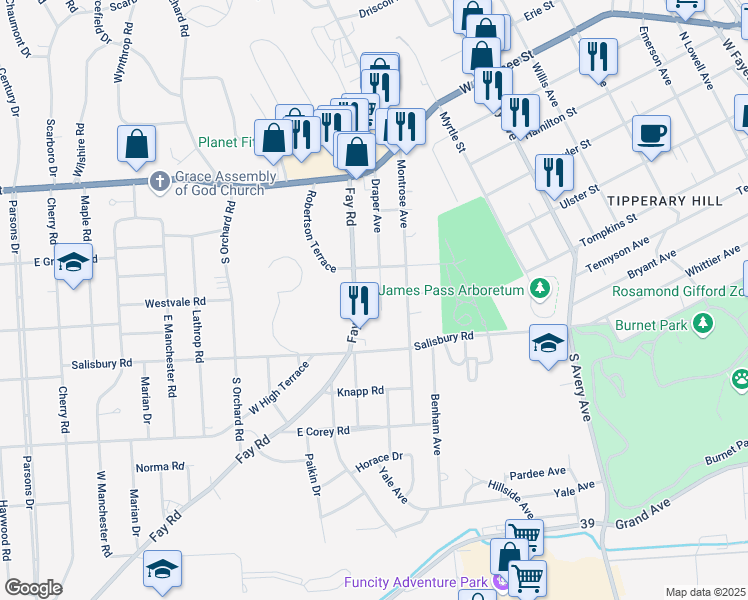 map of restaurants, bars, coffee shops, grocery stores, and more near 307 Fay Road in Syracuse