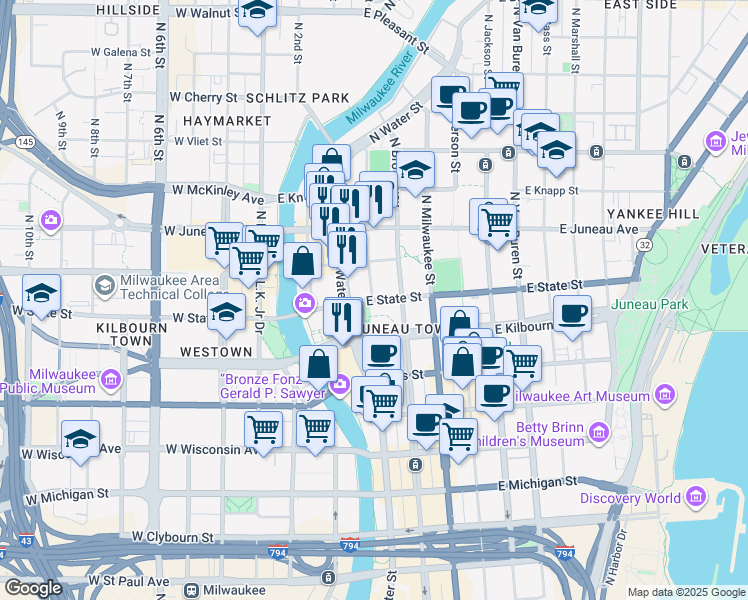 map of restaurants, bars, coffee shops, grocery stores, and more near in Milwaukee