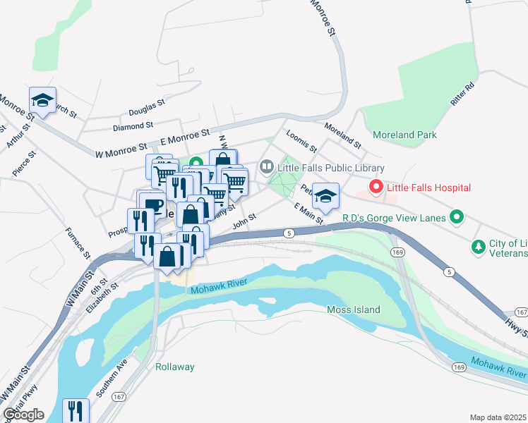 map of restaurants, bars, coffee shops, grocery stores, and more near 615 Albany Street in Little Falls