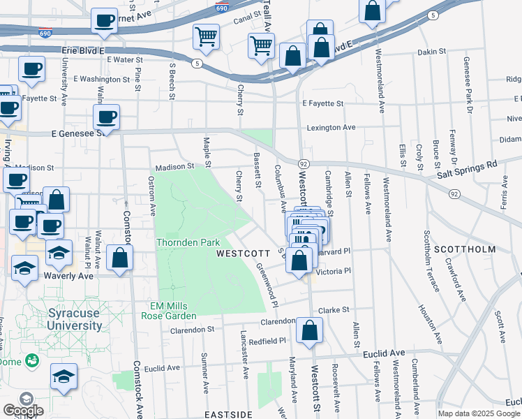 map of restaurants, bars, coffee shops, grocery stores, and more near 211 Bassett Street in Syracuse