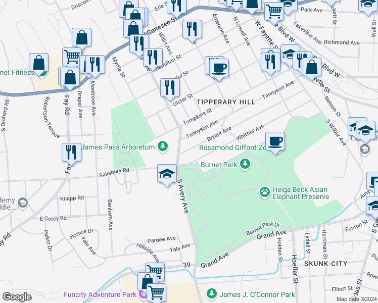 map of restaurants, bars, coffee shops, grocery stores, and more near 518 Bryant Avenue in Syracuse