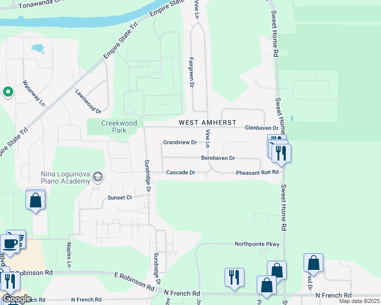 map of restaurants, bars, coffee shops, grocery stores, and more near 149 Grandview Drive in Buffalo