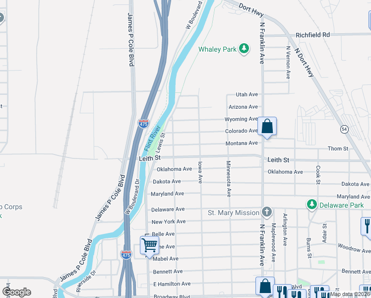 map of restaurants, bars, coffee shops, grocery stores, and more near 1537 Montana Avenue in Flint