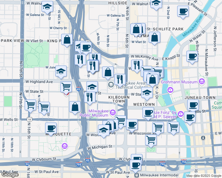 map of restaurants, bars, coffee shops, grocery stores, and more near 1036 North 8th Street in Milwaukee