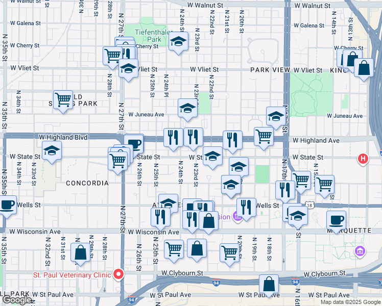 map of restaurants, bars, coffee shops, grocery stores, and more near 1035 North 23rd Street in Milwaukee