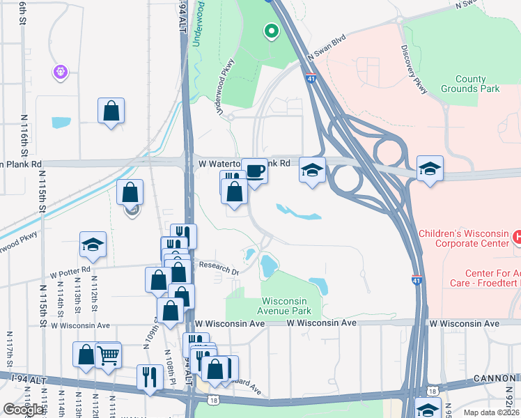 map of restaurants, bars, coffee shops, grocery stores, and more near 10430 West Innovation Drive in Wauwatosa