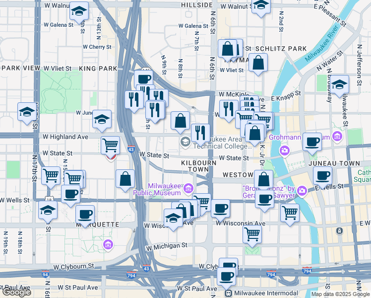 map of restaurants, bars, coffee shops, grocery stores, and more near 700 West State Street in Milwaukee