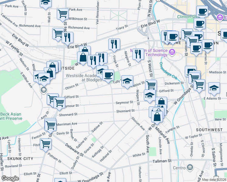 map of restaurants, bars, coffee shops, grocery stores, and more near 523 Fabius Street in Syracuse