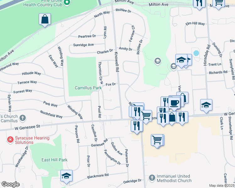 map of restaurants, bars, coffee shops, grocery stores, and more near 233 Knowell Road in Camillus