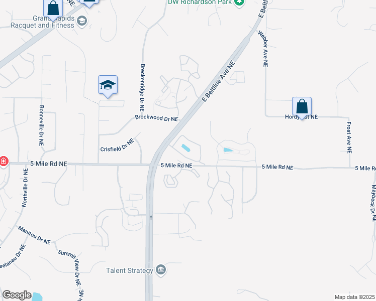map of restaurants, bars, coffee shops, grocery stores, and more near 3352 Woodwind Drive Northeast in Grand Rapids