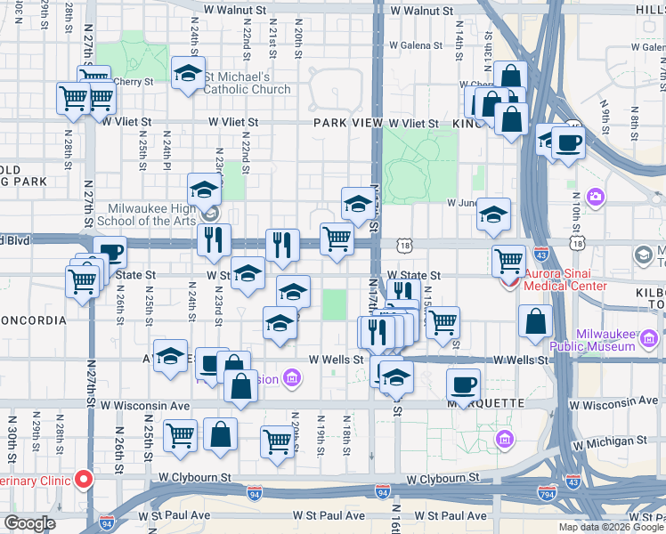 map of restaurants, bars, coffee shops, grocery stores, and more near 1819 West Highland Avenue in Milwaukee