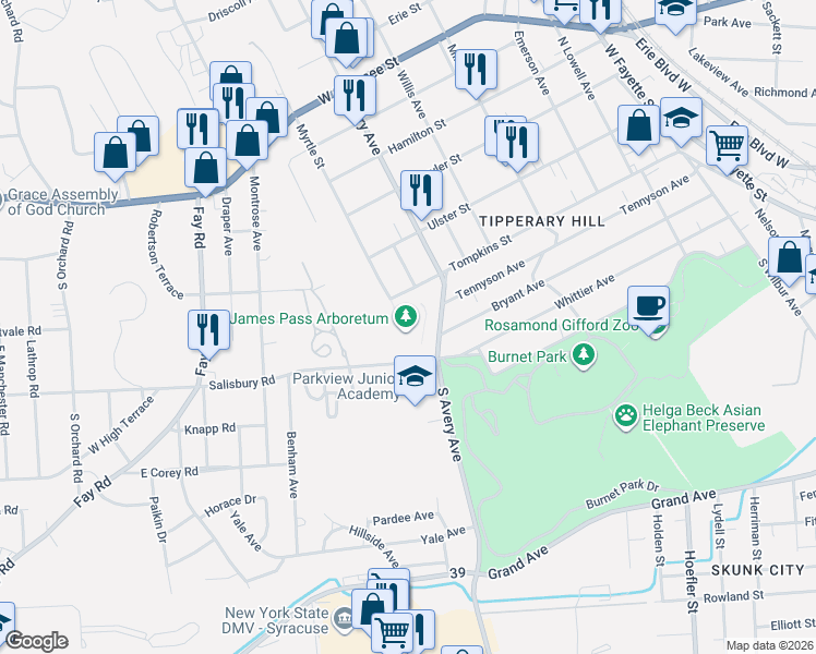 map of restaurants, bars, coffee shops, grocery stores, and more near 300 South Avery Avenue in Syracuse