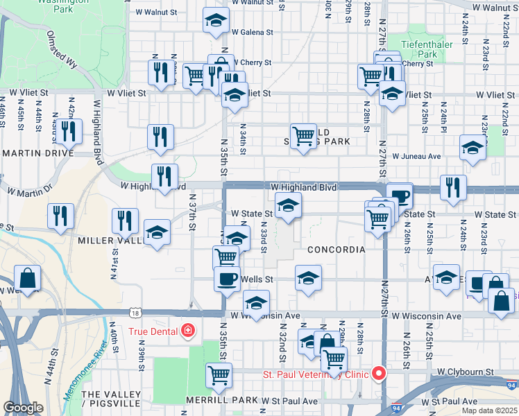 map of restaurants, bars, coffee shops, grocery stores, and more near 1011 North 33rd Street in Milwaukee