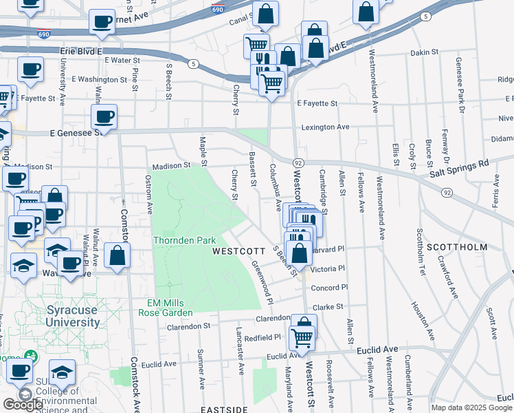 map of restaurants, bars, coffee shops, grocery stores, and more near 211 Bassett Street in Syracuse