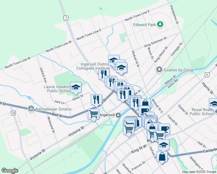 map of restaurants, bars, coffee shops, grocery stores, and more near 163 Thames Street North in Ingersoll
