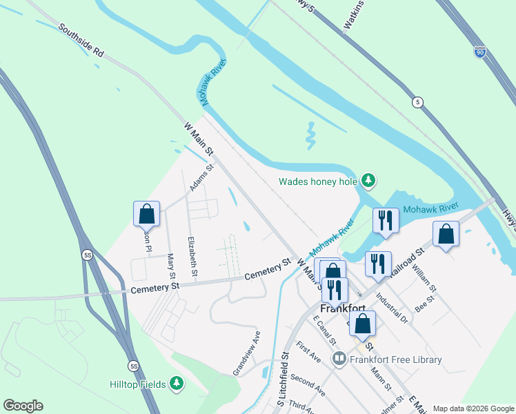 map of restaurants, bars, coffee shops, grocery stores, and more near 240 West Main Street in Frankfort
