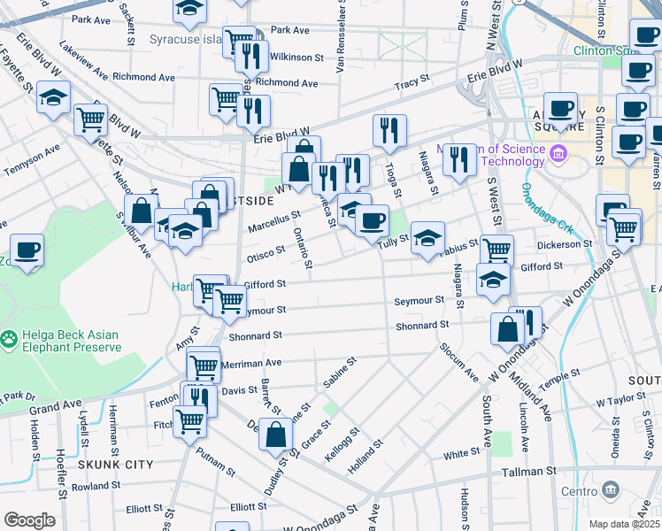 map of restaurants, bars, coffee shops, grocery stores, and more near 710 Tully Street in Syracuse