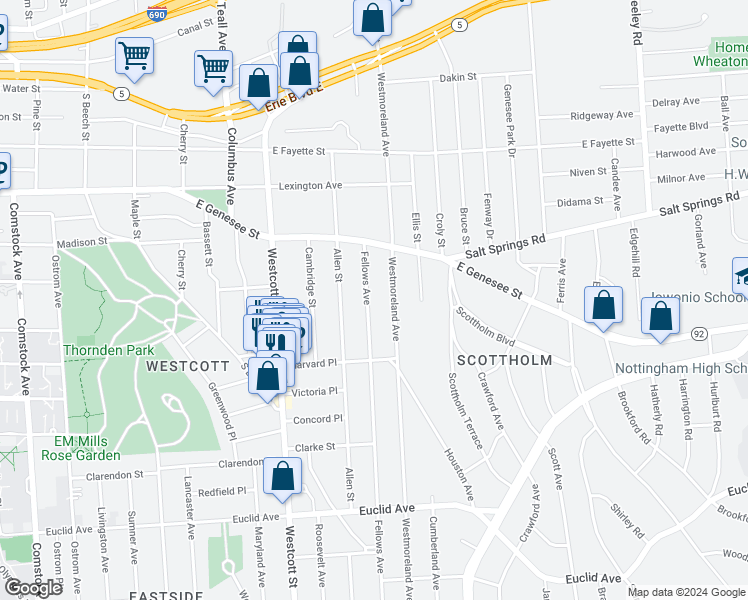 map of restaurants, bars, coffee shops, grocery stores, and more near 147-49 Fellows Avenue in Syracuse