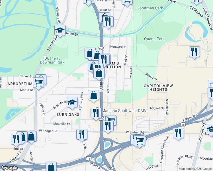 map of restaurants, bars, coffee shops, grocery stores, and more near 2024 Taft Street in Madison