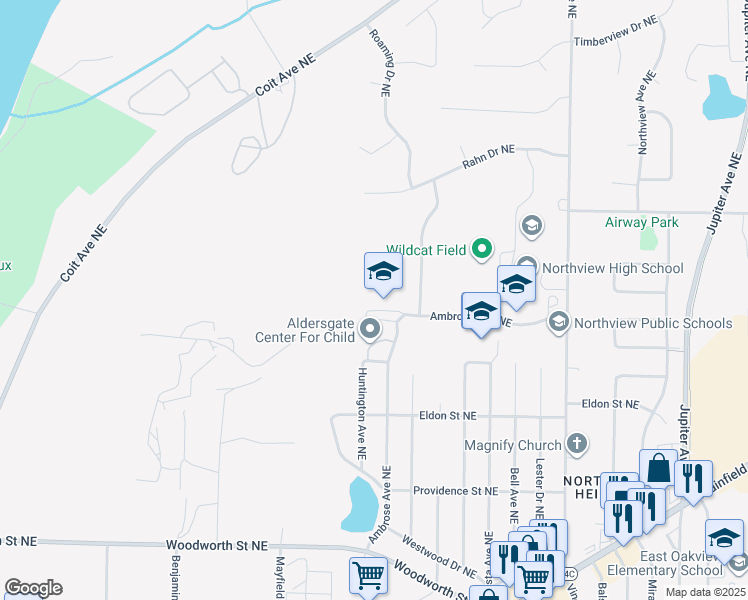 map of restaurants, bars, coffee shops, grocery stores, and more near 4400 Ambrose Avenue Northeast in Grand Rapids