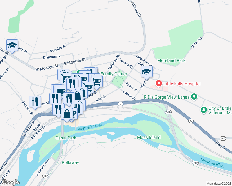 map of restaurants, bars, coffee shops, grocery stores, and more near 591-699 John St in Little Falls
