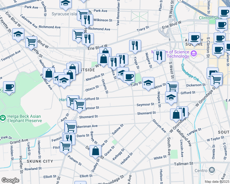 map of restaurants, bars, coffee shops, grocery stores, and more near 710 Tully Street in Syracuse