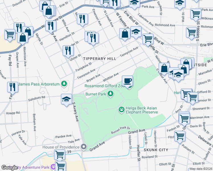 map of restaurants, bars, coffee shops, grocery stores, and more near 415 Whittier Avenue in Syracuse