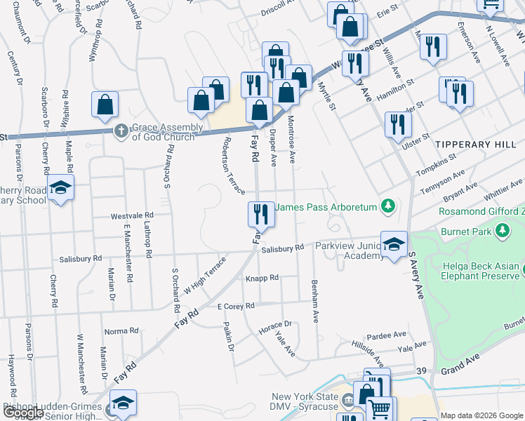 map of restaurants, bars, coffee shops, grocery stores, and more near 307 Fay Road in Syracuse