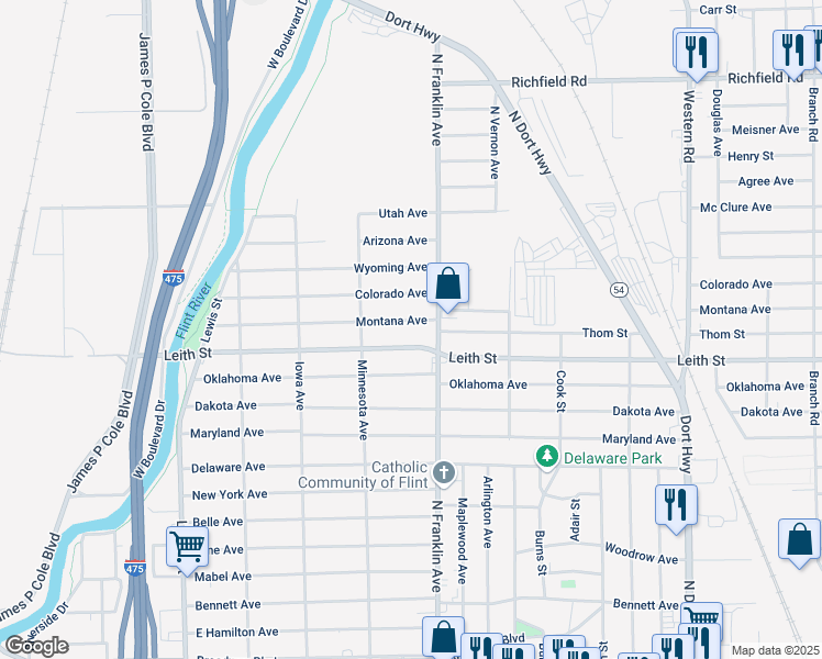 map of restaurants, bars, coffee shops, grocery stores, and more near 1729 Montana Avenue in Flint