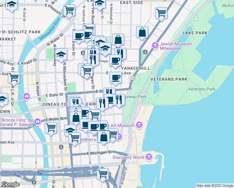 map of restaurants, bars, coffee shops, grocery stores, and more near 916 East State Street in Milwaukee